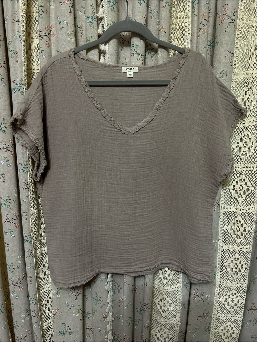 Dylan Cotton Gauze Top Small Taupe Raw Hem Boxy Boho Minimalist